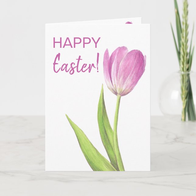 Pretty Pink Tulip Easter Spring Elegant Floral Holiday Card (Front)