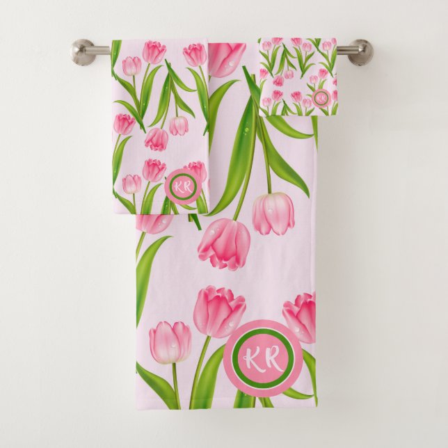 Pretty Pink Tulip Floral Flowers Leaves Monogram Bath Towel Set (Insitu)