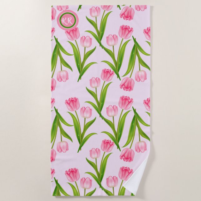 Pretty Pink Tulip Floral Flowers Leaves Monogram Beach Towel (Front)