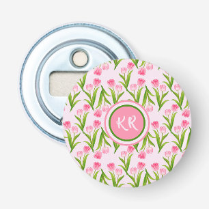 Pretty Pink Tulip Floral Flowers Leaves Monogram Bottle Opener