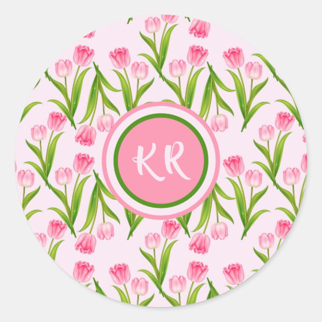 Pretty Pink Tulip Floral Flowers Leaves Monogram Classic Round Sticker (Front)