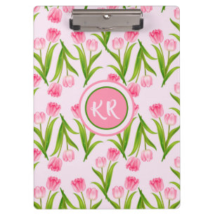Pretty Pink Tulip Floral Flowers Leaves Monogram Clipboard