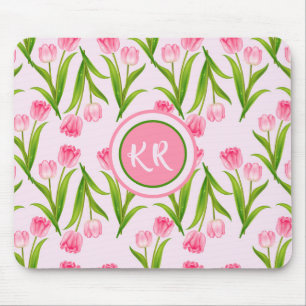 Pretty Pink Tulip Floral Flowers Leaves Monogram Mouse Mat