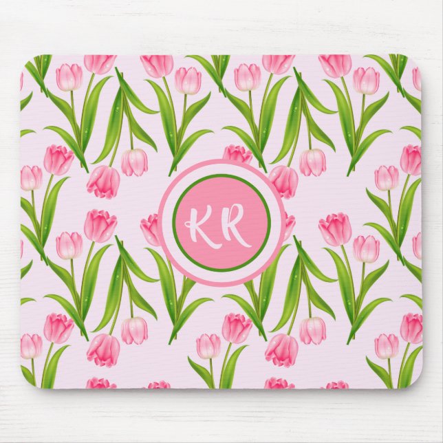 Pretty Pink Tulip Floral Flowers Leaves Monogram  Mouse Mat (Front)