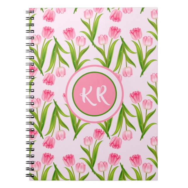 Pretty Pink Tulip Floral Flowers Leaves Monogram Notebook (Front)