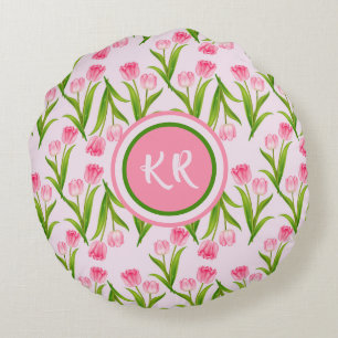 Pretty Pink Tulip Floral Flowers Leaves Monogram Round Cushion