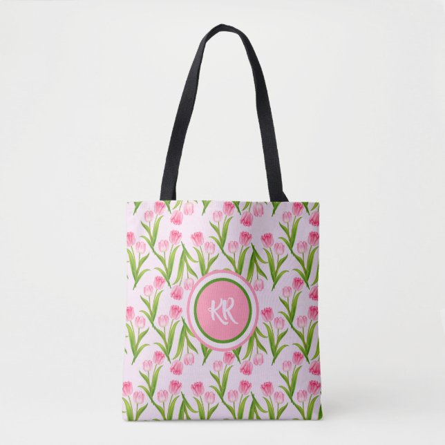 Pretty Pink Tulip Floral Flowers Leaves Monogram Tote Bag (Front)