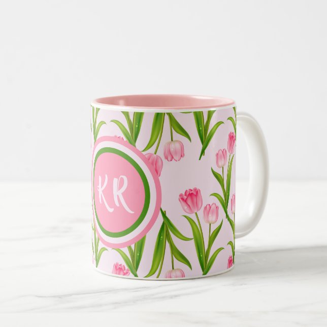 Pretty Pink Tulip Floral Flowers Leaves Monogram Two-Tone Coffee Mug (Front Right)