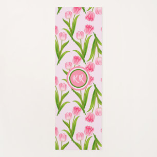 Pretty Pink Tulip Floral Flowers Leaves Monogram Yoga Mat