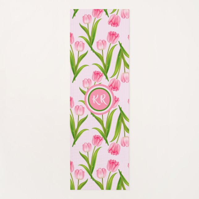 Pretty Pink Tulip Floral Flowers Leaves Monogram Yoga Mat (Front)