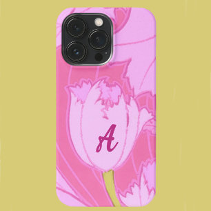 Pretty Pink Tulip Floral with Monogram Feminine iPhone 15 Pro Case