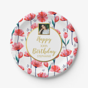 Pretty Pink Tulip Flowers, Birthday, Custom Photo Paper Plate