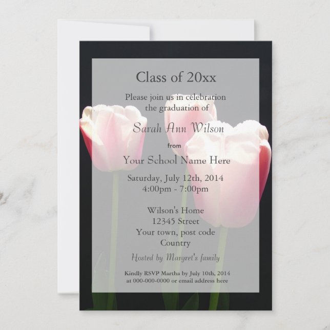 Pretty pink tulip flowers graduation announcement (Front)