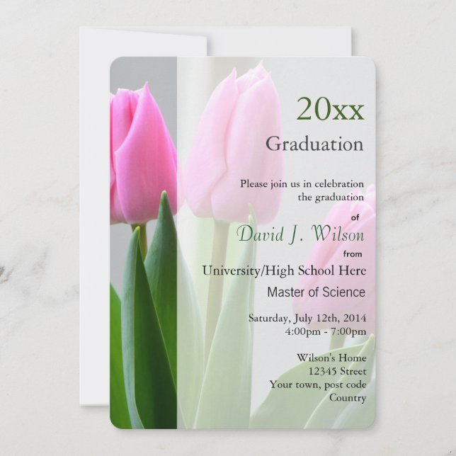 Pretty pink tulip flowers graduation invitations. invitation (Front)