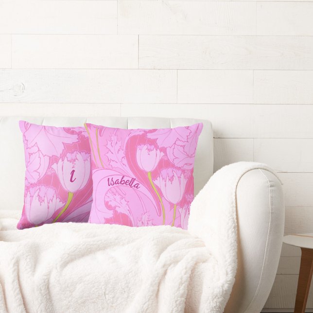 Pretty Pink Tulip with Name and Initial Floral Cushion (Creator Uploaded)