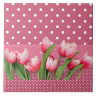 Pretty pink tulips and pink and white polka dots tile