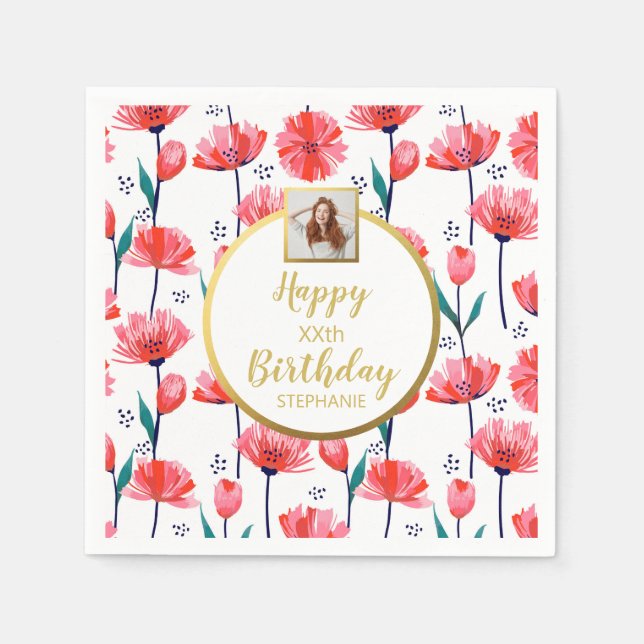 Pretty Pink Tulips, Custom Photo Text, Birthday Napkin (Front)