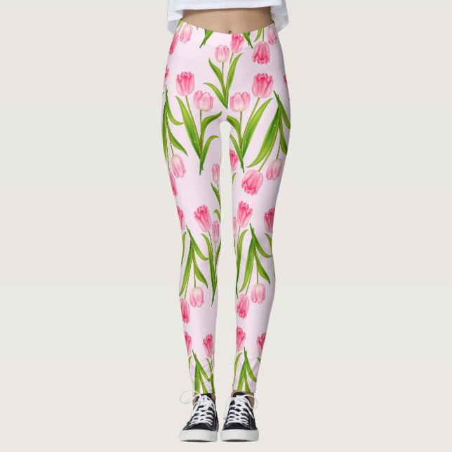 Pretty Pink Tulips Floral Flower Green Leaves Leggings (Front)