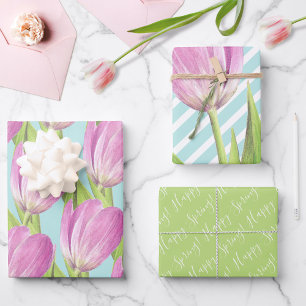 Pretty Pink Tulips Happy Spring Elegant Floral art Wrapping Paper Sheet