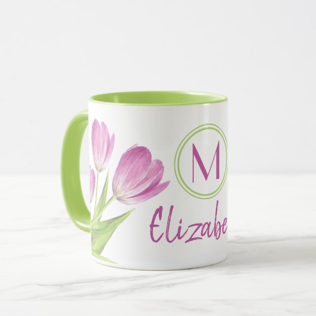 Pretty Pink Tulips Spring Elegant Floral Monogram Mug (Front Left)