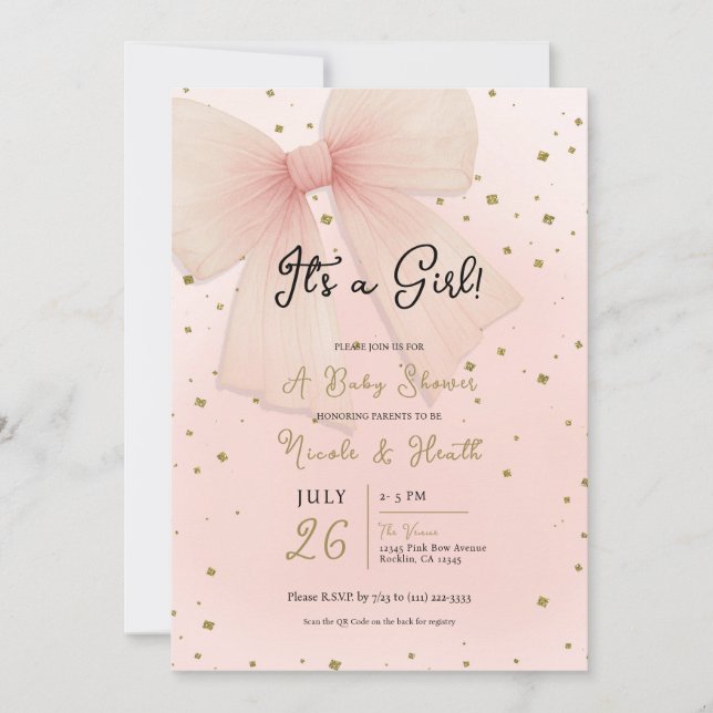 Pretty Pink Tulle Bow & Gold Confetti Baby Shower Invitation (Front)
