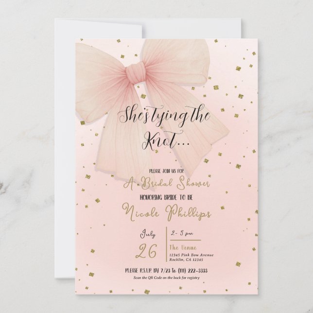 Pretty Pink Tulle Bow Gold Confetti Bridal Shower  Invitation (Front)