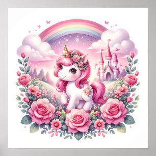 Pretty Pink Unicorn and Fairytale Castle  Poster