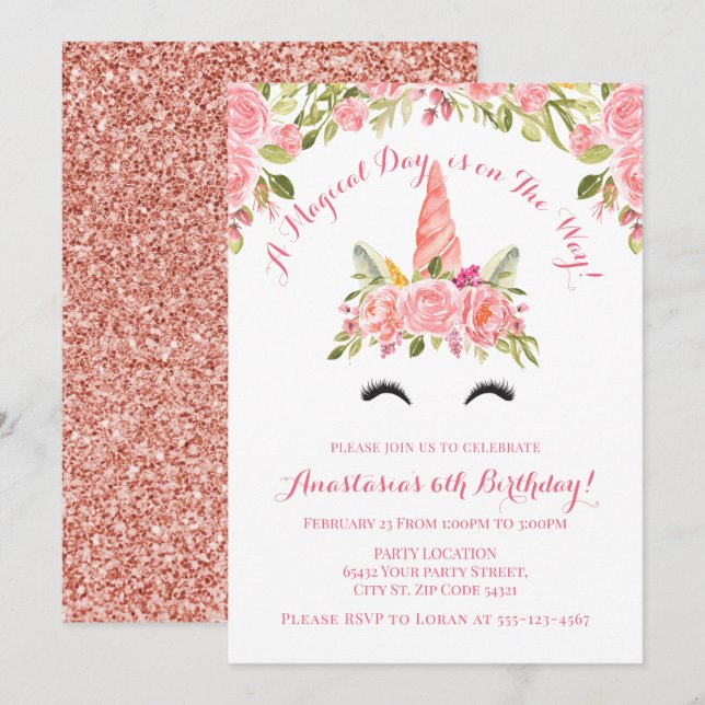 Pretty Pink Unicorn Birthday Invitation (Front/Back)