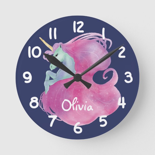Pretty Pink Unicorn Kids Personalised Round Clock (Front)