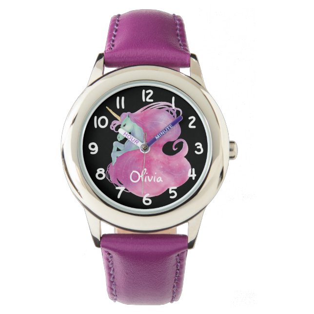 Pretty Pink Unicorn Kids Personalised Watch (Front)