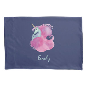 Pretty Pink Unicorn on Blue Pillow Case