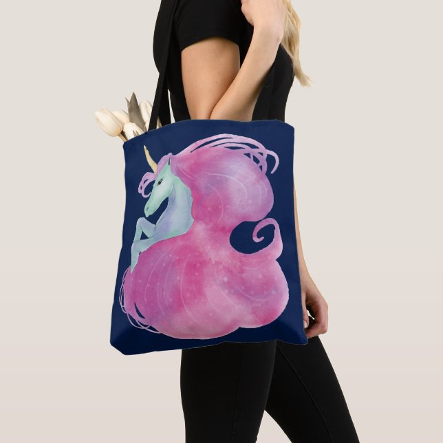 Pretty Pink Unicorn on Blue Tote Bag (Close Up)