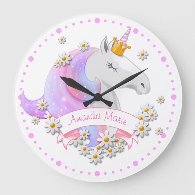 Pretty Pink Unicorn Princess Bedroom Nursery Large Clock (Front)
