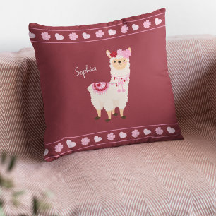 Pretty Pink Valentine's Day Llama Little Girl Name Cushion