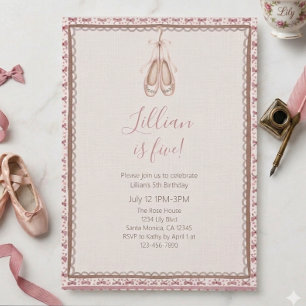 Pretty Pink Vintage Ballet Fifth Birthday  Invitation