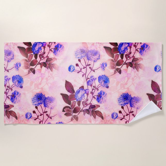 Pretty Pink w/ Purple Floral Print Beach Towel (Front)