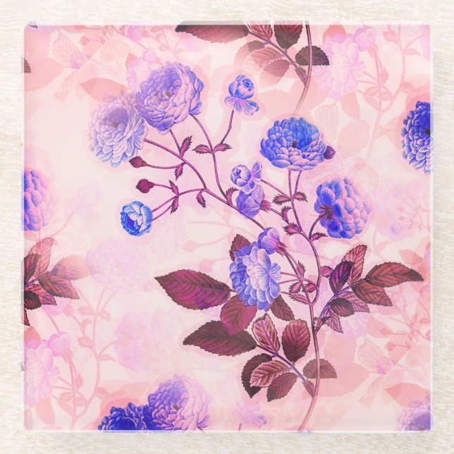 Pretty Pink w/ Purple Floral Print Glass Coaster (Front)