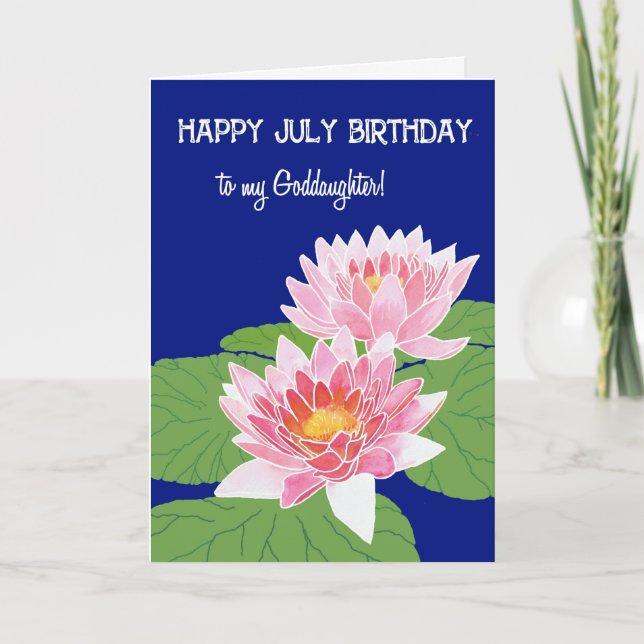 Pretty Pink Water Lilies July Birthday Goddaughter Card (Front)