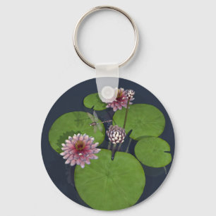 Pretty Pink Water Lily and Dragonfly Key Ring