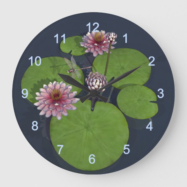 Pretty Pink Water Lily and Dragonfly Large Clock (Front)