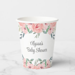 Pretty Pink Watercolor Floral Baby Girl Shower Paper Cups