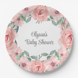 Pretty Pink Watercolor Floral Baby Girl Shower Paper Plate