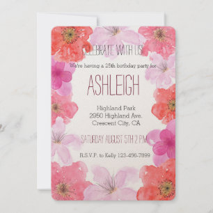 Pretty Pink Watercolor Floral birhtday Invitation