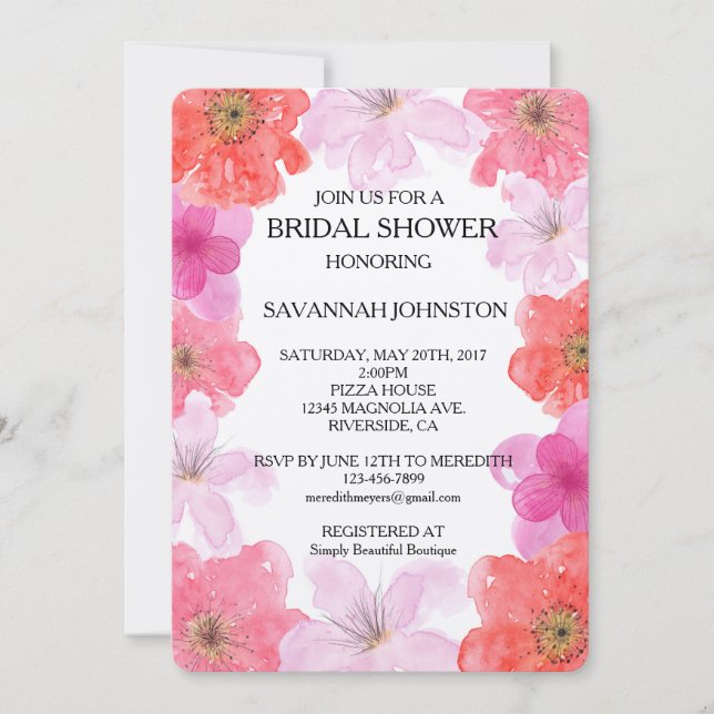Pretty Pink Watercolor Floral bridal shower Invitation (Front)