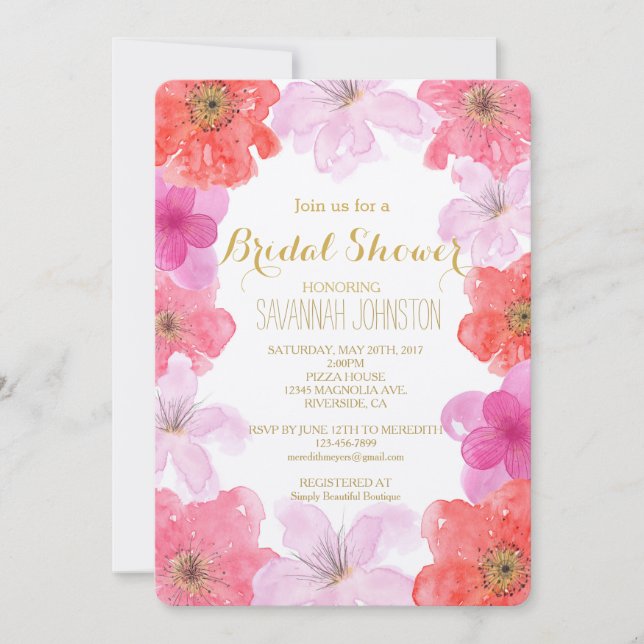 Pretty Pink Watercolor Floral Bridal Shower Invitation (Front)