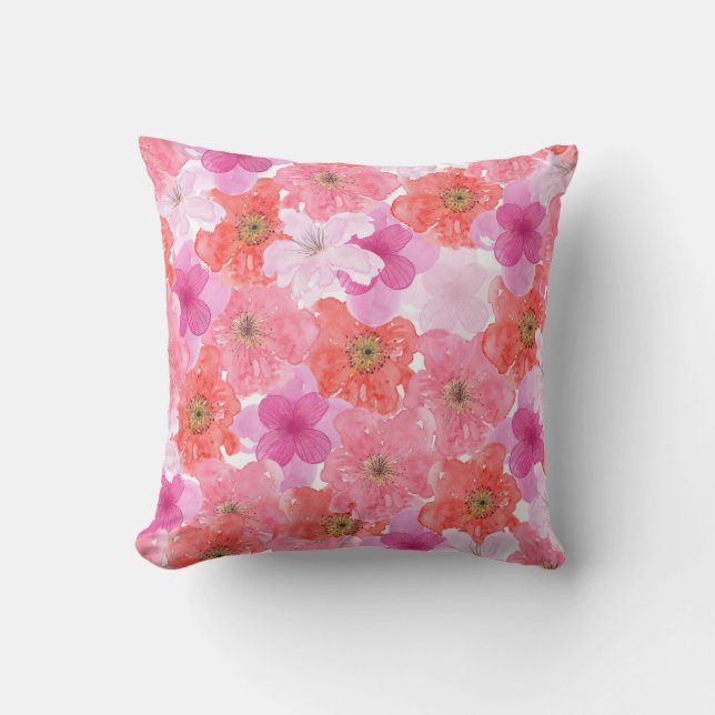Pretty Pink Watercolor Floral Cushion (Front)