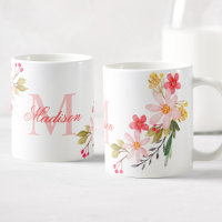 Pretty Pink Watercolor Floral Custom Monogram Name