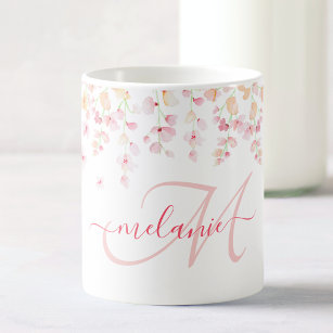 Pretty Pink Watercolor Floral Custom Monogram Name Coffee Mug