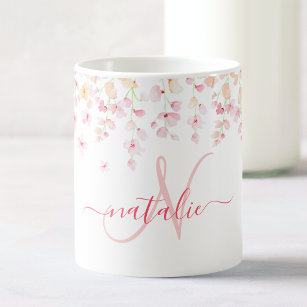 Pretty Pink Watercolor Floral Custom Monogram Name Coffee Mug