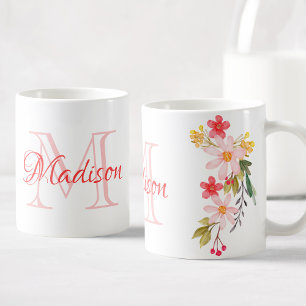 Pretty Pink Watercolor Floral Custom Monogram Name Coffee Mug